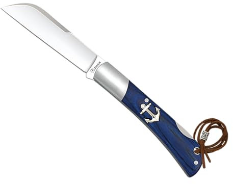 Tiendas LGP- Albainox - Navaja Marinera, Pico Loro, Plegable, Acero INOX. Hoja de 8 cm. Plegable Mango de Madera de Stamina Azul, Sistema de bloqueo Back Lock, Hueco con cordón fiador incluido, 18985