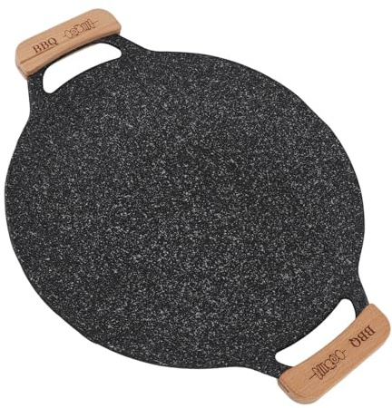 Omabeta Round BBQ Grill Pan with Wood Handle, Nonstick Metal Barbecue Plate, Multifunctional Circular Frying Pan for Camping and (Extra Large 32.7 X 24.4 X 31.5in)
