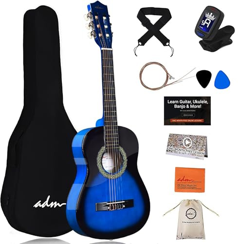 ADM 3/4-Größe Kinder-Konzertgitarre-Set, Junior-Gitarren-Set für Anfänger ab 9 Jahren, mit Tasche, Clip-Stimmgerät, Gurt, Plektren, zusätzlichen Saiten, Aufbewahrungstasche und Reinigungstuch