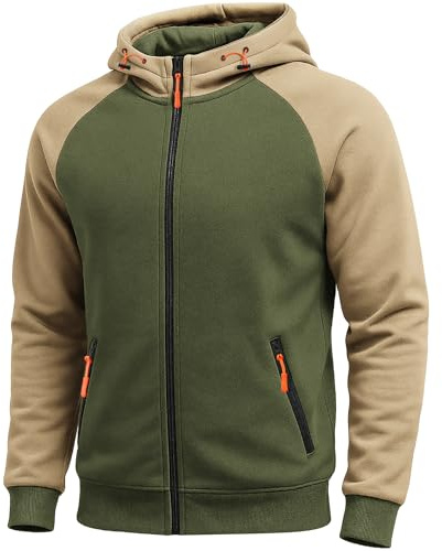 Elainone Men's Zip Up Hoodie Fleece Lined Colour Block Warm Sweatshirt with Pockets for Outdoor Hiking Walking Gym Fade-Resistant Regular Fit UK Size M-3XL Army Green