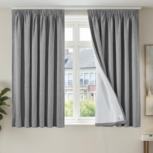 TOPICK 100% Verdunklungsvorhänge Gardinen Vorhänge Grau H145xB140 2 Stücke | Blickdicht Gardinen mit Kräuselband Schlafzimmer Thermovorhang Wohnzimmer Leinenoptik Vorhänge für schienensystem