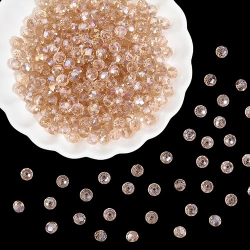 PONABEADIY 700PCS 6MM Electroplate Champagne Glass Beads with Hole Faceted Crystal Transparent Sparkly Iridescent Rondelle Abacus Loose Bead Bulk for Jewellery Making Bracelets Earrings Diy Crafts