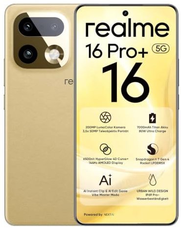 realme 16 Pro+ 5G Smartphone 12GB + 512GB, 200MP LumaColor Cámara + 50MP, Teléfono Móvil con Procesador Snapdragon® 7 Gen 4, Batería 7000mAh y Carga de 80W, Móviles de 6.8 144Hz AMOLED Pantalla, Oro