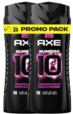 AXE Gel Douche Homme 5en1 Numéro 10 2x250ml | Nettoie Corps, Visage, Cheveux, Barbe & Aisselles, 24h de Parfum & Fraîcheur, Pamplemousse et de Menthe Aquatique