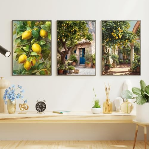 CULASIGN 3er Mediterrane Landschaft Poster Set, Zitronenbaum Steinhäuser Aesthetic Leinwandbilder Wandbilder, OHNE Rahmen Wanddeko für Wohnzimmer (30 x 40 cm)