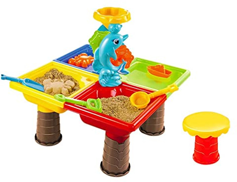 Viahsen Kinderspielzeug Sand Wasser Tisch Set Lern Tisch 2 in 1 Spieltisch Sandkasten Wasserspieltisch Eimer Schaufel Multifunktional Als Lerntisch Fü, 45x45x45cm