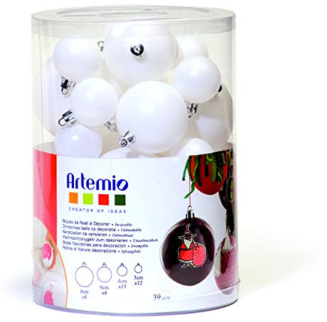 Artemio Palline di Natale, in plastica, bianche, da decorare in diverse dimensioni, 39 pezzi