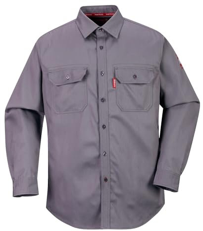 Portwest FR89 Bizflame 88/12 Lightweight FR Shirt Flame-Resistant ARC2 Protection CE Certified UV Resistant Durable Workwear Chest Pockets Adjustable Cuffs Breathable Fabric Comfortable Fit, Grey, M