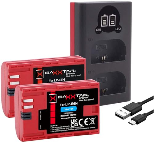Baxxtar 2X LP-E6N Batterie 2400mAh avec Chargeur Dual (LCD USB-C Micro-USB) Compatible avec Canon EOS 5D Mark II III IV 5DS R R5 6D 7D 60D 70D 80D 90D XC10 XC15 XC 10 15 WFT-E5 E7 LP-E6 LPE6N LP E6N