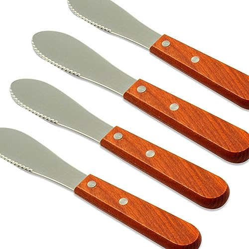 MINGZE Épandeur de Beurre Large de Bord Droit de L'acier Inoxydable 4PCS, Couteau à Beurre, de Fromage à La Crème de Sandwich de ont Placé des Outils de Cuisine, Poignée en Bois, 20 * 3 * 1cm