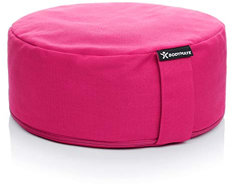 BODYMATE Yogakissen rund 31cm Durchmesser 13cm hoch Pink mit Buchweizen-Spelz Füllung – Maschinenwaschbarer Bezug aus 100% extra Dicker Baumwolle – Meditationskissen – Sitzkissen