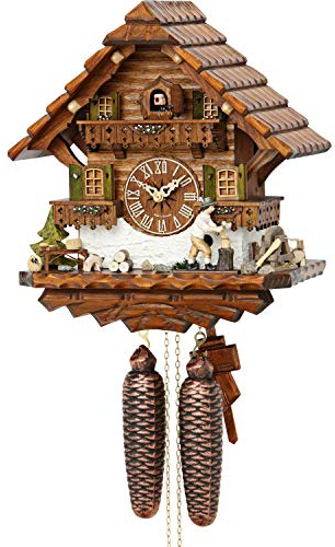 Cuco Clock Kuckucksuhr Schwarzwalduhr 'Holzhacker' mit Hund 17 x 30 x 32cm Wanduhr aus Holz, 8 - Tage Werk, manuelle Nachtabschaltung