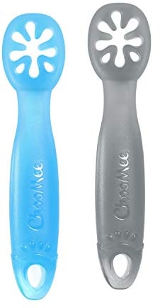 ChooMee FlexiDip Baby Starter Spoon | Platinum Silicone | First Stage Teething Friendly Learning Utensil | 2 CT | Blue Grey