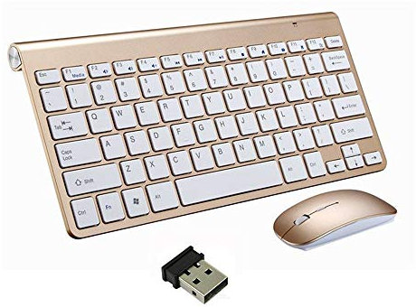 Wireless Keyboard & Mouse, Portable Wireless Keyboards and Mouse Combo 2.4G Full-size Quiet DPI Adjustable Mouse for Windows, Mac OS, Laptop Smart TV-UK Layout (Gold)