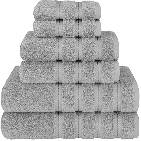American Soft Linen Luxury 6 Piece Towel Set, 2 Bath Towels 2 Hand Towel 2 Washcloths, 600 GSM 100% Cotton Turkish Towels for Bathroom, Light Grey Towel Sets