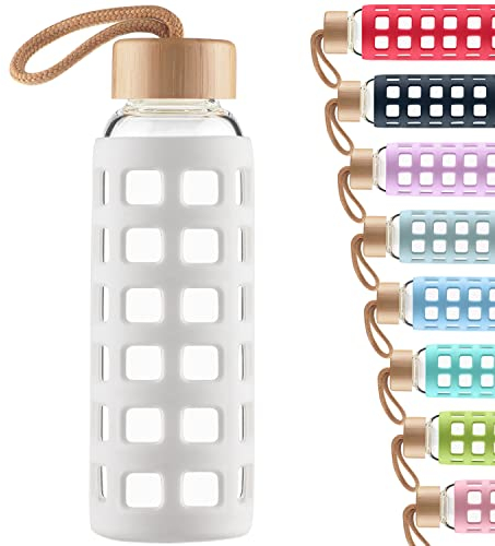 Cleesmil Sports Glass Water Bottle with Silicone Sleeve with Bamboo Lid BPA Free 1000 ml / 1 litre (White)