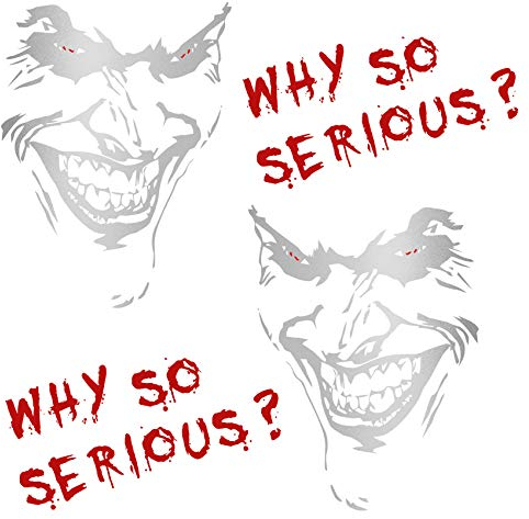 Joker Aufkleber 10x7cm Why so serious Schriftzug Spruch Fahrzeug Dekor Folie für Auto Bus Wohnwagen Kfz Zubehör Autoaufkleber Clown (Silber Metallic, K059 + K060 + K061 Set 2x Joker + 2x Schrift)