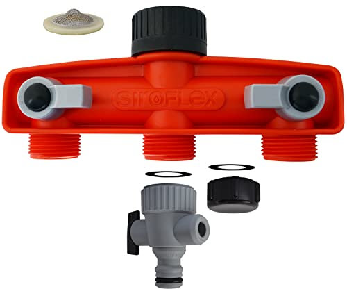 Siroflex 4520/S Distributore A 3 Vie Made In Italy | Presa Rubinetto ¾” Femmina | 3 Vie Con Uscita ¾” Maschio | Provvisto Di 3 Rubinetti E Di Una Ghiera/tappo | Connettore Tubo Giardino, Rosso
