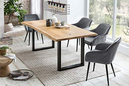 Froschkönig24 Esszimmer Essgruppe mit 4 Stühlen Esstisch Komplettset echter Baumkante Eiche Schwarz, Maße Tischplatte:220 x 100 cm