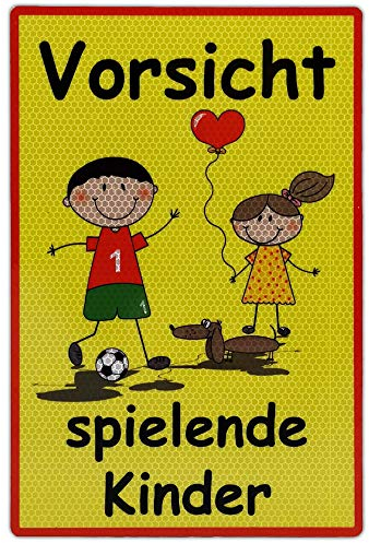 UvV Alu-Dibond Warnschild Vorsicht spielende Kinder 60 x 45cm reflektierend - hochwertiges XXL Schild - bedruckt mit reflektierender Folie - gute Sichtbarkeit auch bei Dunkelheit (gelb-xxl)