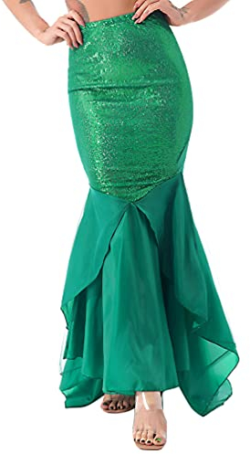 TiaoBug Damen Meerjungfrau Rock Pailletten Röcke Bodenlang Maxirock Kostüm Meerjungfrauenschwanz zum Karneval Fasching Motto Party Outfits Grün 4XL