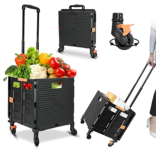 Einkaufstrolley Klappbar, Einkaufswagen Kunststoff Faltbar, Transport Trolley, bis 50 kg, Einkaufskorb mit Deckel, Ausziehbarer Alu Ausziehgriff, Mit Universal-Mute- 8 rädern, Schwarz