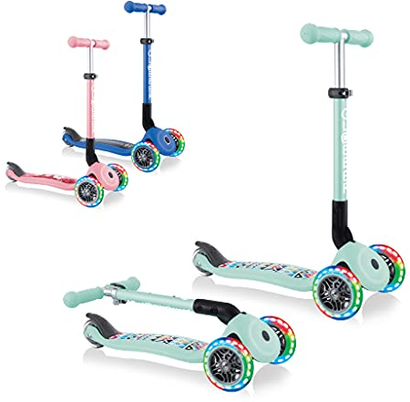 GLOBBER JUNIOR Foldable Fantasy Lights – Tretroller, 120/80 mm, ABEC 5, 3-rädrig, LED-Leuchtrollen, Mint-Tribal