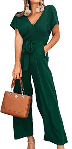 ASOMI Jumpsuit Damen Sommer Lang: Büro Tasche Mode Hawaii Overall Reißverschluss Lässig Elegant Urlaub Hosenanzug Gürtel Strand Kurzarm V-Ausschnitt Homewear Hohe Taille Grün XL