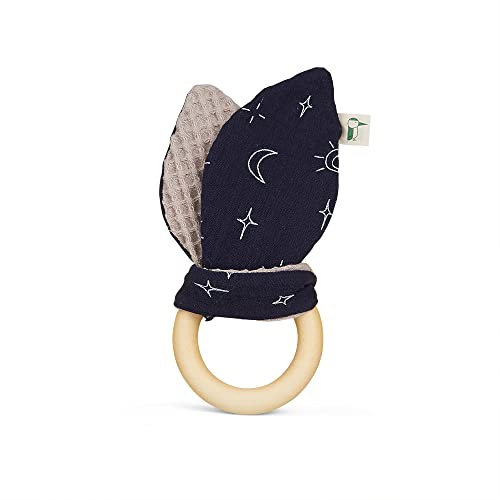 GRÜNSPECHT Bio-Greifring mit Hasenohren, Holzring mit waschbaren Stoffohren aus 100% Baumwolle (kbA), für Greifsinn & Tastsinn, Geschenk Spielzeug Baby, grau (696-V3)