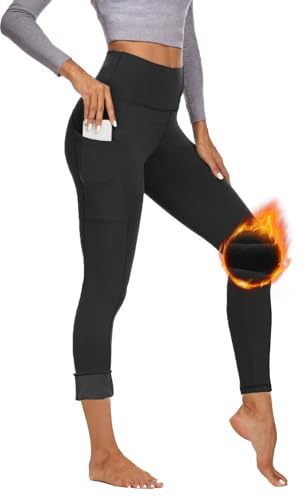 Gayhay Thermo Leggings Damen mit Taschen Gefütterte im Winter, High Waist Thermohose Warm Blickdicht für Sport Schwarze S/M
