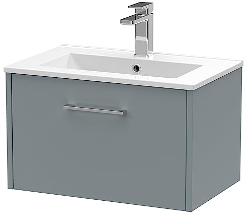 Hudson Reed JNU2322B Juno Modern Bathroom Wall Hung Single Drawer Vanity with Minimalist Ceramic Basin, 600mm, Matt Coastal Grey