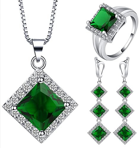 KnSam Schmuckset Hochzeit 4Pcs, Anhänger Klassisches Quadrat Damen Halsketten Set, Ring Ehering Versilbert Ohrringe Frauen mit Zirkonia Grün - Silber, Gr.57 (18.1)