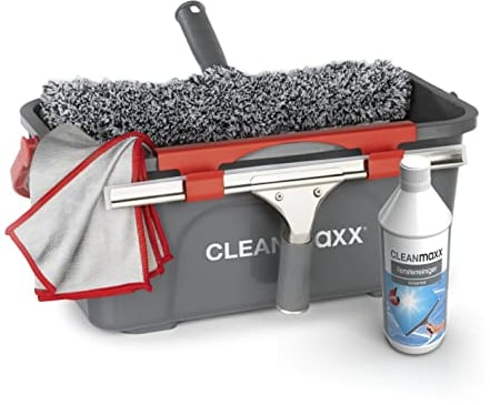 CLEANmaxx Nettoyant pour vitres, Set de 7 pièces | Nettoyer sans Laisser de Traces | avec nettoyant, raclette à vitres, Seau, raclette, Chiffon Microfibre | pour la Maison, la Voiture & la Douche