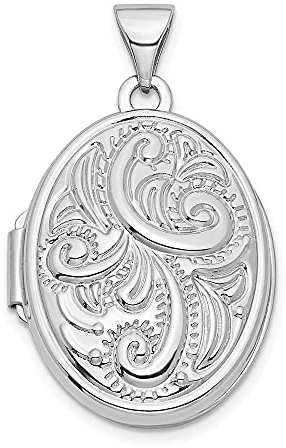 14 Karat Weißgold, Wirbel-Design, 21 mm, ovaler Foto-Medaillon-Anhänger, Halskette, Schmuck für Damen, One Size, Gold Metall Weißes Gold, Kein Edelstein