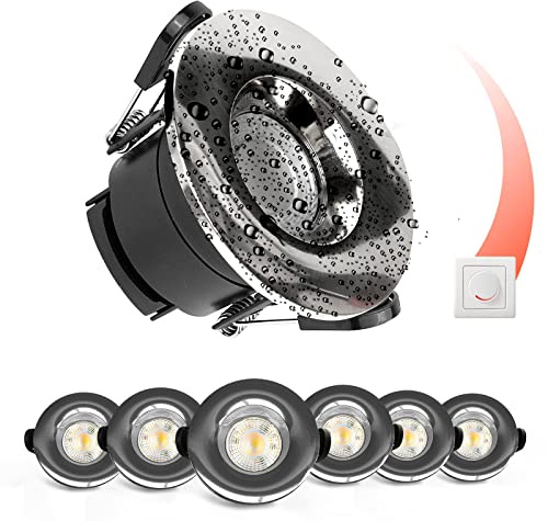 paul russells LED Recessed Downlight, Dimmable Warm/Cool/Day White 3 Adjustable CCT, 6Watt, IP65 Water, Dust & Fireproof Round Spotlight with Fixed Bulb and Brush Nickel Bezel Ceiling Lights, 6 Packs