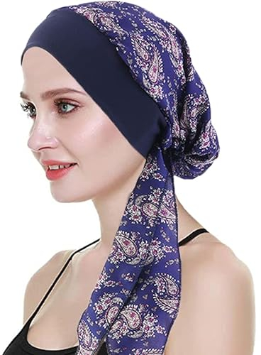 WUERKIYA Kopftuch für Frauen Kopfbedeckung Damen Chemo Kopfbedeckung Im Voraus Gebunden Set Plissiert Headwrap Schals Gap Mütze Damen -Amöbe dunkelblau