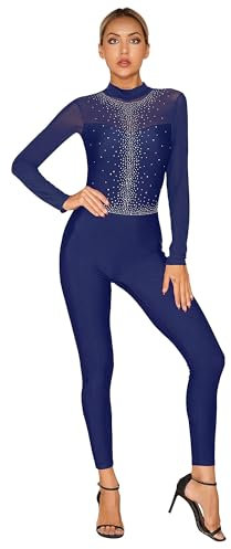 CHICTRY Gymnastikanzug Damen Ganzkörper Langarm Gymnastik Body Stehkragen Trikot Strass Glitzer Eiskunstlauf Anzug Patchwork Ganzkörperanzug Dancewear A Navy blau M