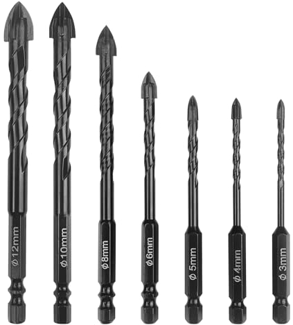 Ceisazira 7 Piezas Brocas Hormigon, Set de Brocas, Broca Azulejo, Taladro Conjunto de Vidrio de Bit Negro para Azulejos, Porcelana, Cerámica, Hormigón, Ladrillo, Vidrio, Plástico y Madera