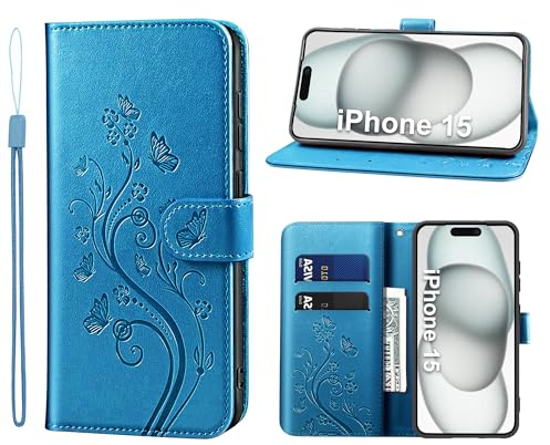 KRAFTCARE Handyhülle für iPhone 15 Hülle, für iPhone 15 Hülle mit Kartenfach Geld Slot Ständer Magnetic Closure, Flip Case Leder Schutzhülle Tasche Handyhülle für iPhone 15 Hülle, Blau