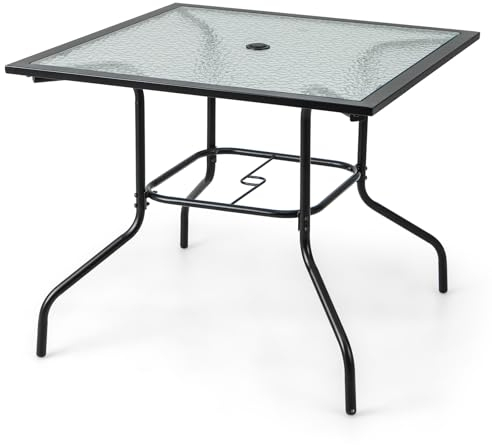 COSTWAY Mesa Terraza Exterior Cuadrada,89 x 72 cm, Orificio para Sombrilla 38 mm, Mesa Jardin Exterior con Tapa de Vidrio Templado, Estructura de Metal, Mesa Comedor Jardín Patio Piscina Balcón