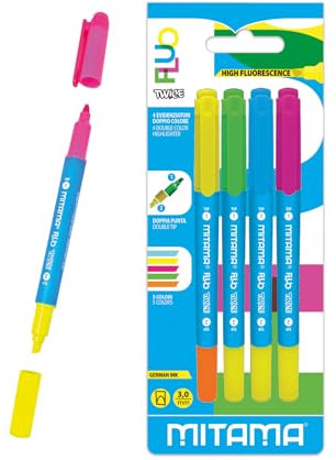Mitama FLUO TWICE - Evidenziatori Doppia punta colori fluo - Confezione da 4 pezzi - Colori assortiti - Lunghezza 12,5 cm - Colori Scuola, Evidenziatori Scuola