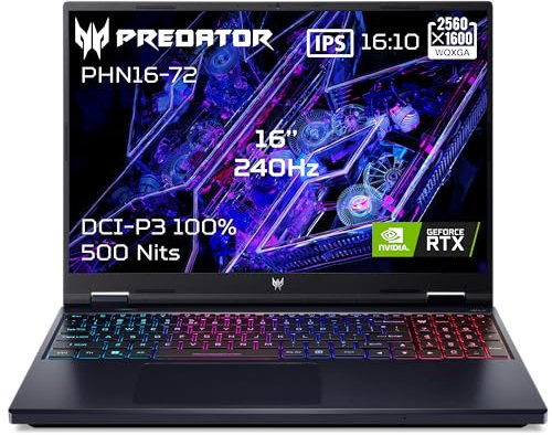 ACER Predator Helios 16 PHN16-72-94FH, Ordinateur Portable Gaming 16 WQXGA IPS 240Hz, PC Portable Gamer (Intel Core i9-14900HX, RAM 32Go, 1024 Go SSD, NVIDIA GeForce RTX 4070, Windows 11) - Noir
