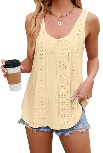 iChunhua Camiseta de cuello redondo con bordado con ojales para mujer, amarillo, XXL