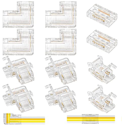 12 Stk COB LED Streifen Verbinder 2-Polig 10mm - 8 L-förmig + 4 Mittelverbinder, Lötfreier Steckverbinder für 10mm Breite LED Streifen, 2 Pin, 12V 24V