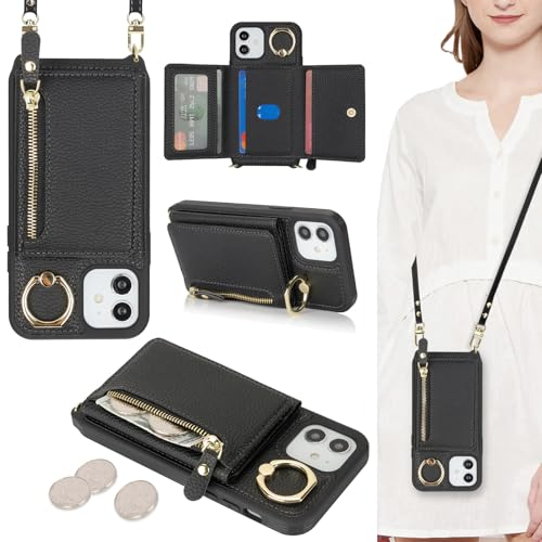 ELTEKER Handyhülle für iPhone 12/12 Pro Hülle mit Band Kartenfach Ringhalterung Geldbörse,Leder Klapphülle Umhängetasche Handytasche für iPhone 12/12 Pro - Schwarz