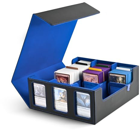 UAONO Trading Card Storage Box for Commander Display, 1800+ MTG Deck Box with 3 Toploader, TCG Card Case fits Magic PTCG Sports Cards(Black&Blue)