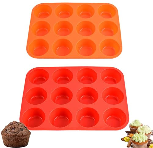 Dolaso 2 Pcs Large Muffin Tray 12 Cup Silicone Muffin Pan, Non-Stick Muffin Cupcake Tin, Baking Mould for Muffins or Cupcakes, Reusable Baking Moulds Tins (Orange, red)