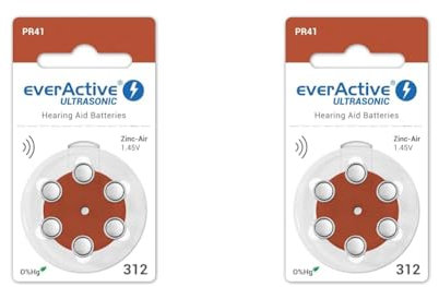 everActive 6 Stück, Hörgerätebatterien, hohe Leistung, Zink-Luft-Batterien, 1 Blisterkarte, 4-jährige Haltbarkeit, braun, Ultrasonic PR41, EVHAB312 (Packung mit 2)