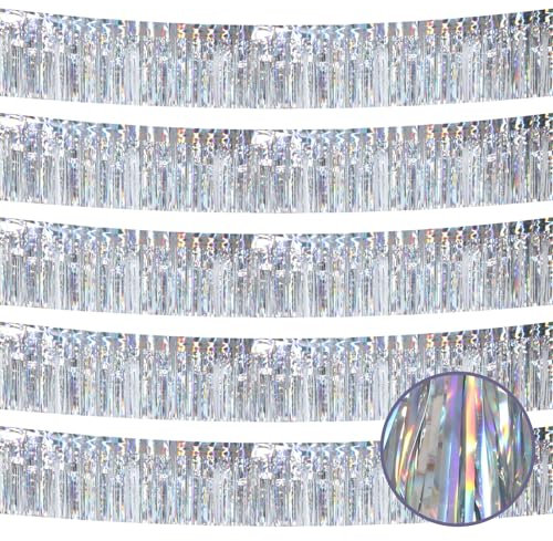 Ohiyoo 5 Stück 3 m silberne Fransengirlande, Folien-Fransengirlande, Metallic-Lametta-Girlande, Fransen-Banner für Parade, Floats, Geburtstagsparty-Dekorationen, Halloween, Weihnachtsdekoration