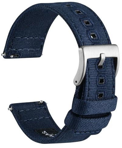 WOCCI 18mm Segeltuchstoff Uhrenarmband, Schnellverschluss, Ersatzband, Silberne Schnalle (Dunkler Denim)